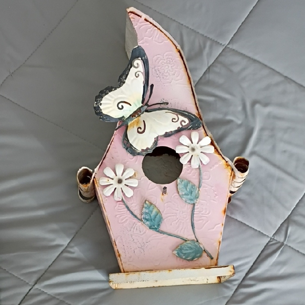 Vintage,Old And Rustic Pink Birdhouse with Butterfly and Floral Design.